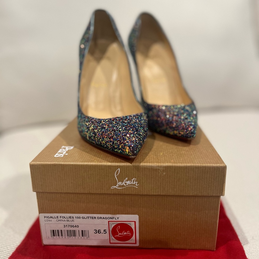 AUTHENTIC Christian Louboutin Pigalle Follies 100 Glitter Dragonfly